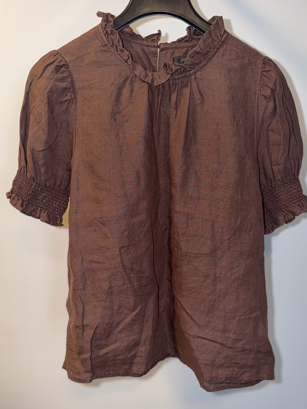 J. Crew Rustic Brown Ruffle Neck Puff Sleeve Top